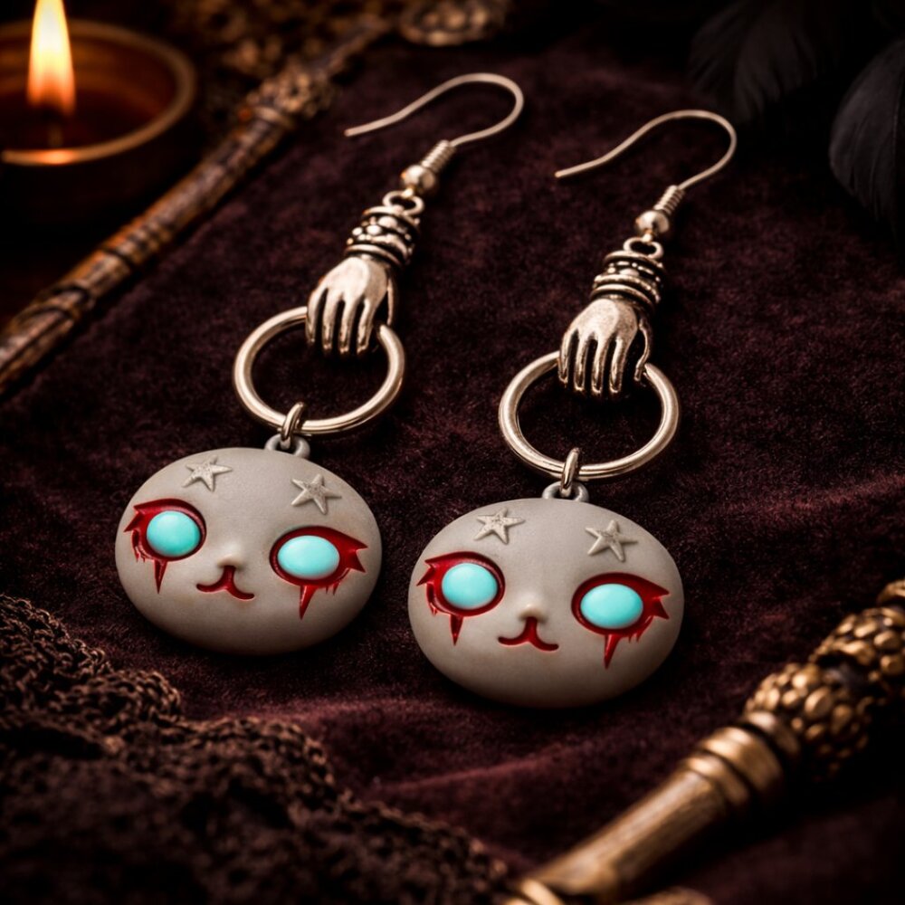 The Tragic Masquerade™ Doll Face Earrings | Gothic Dollcore | 925 Sterling Hooks - Picture 3 of 3